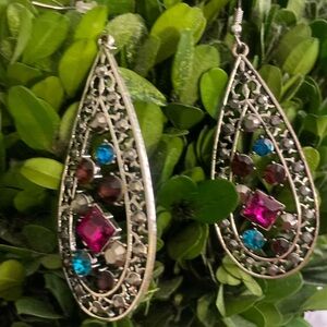 Paparazzi Silver Teardrop Earrings with Pink and Blue Accents